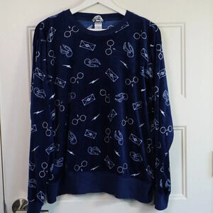 Harry Potter Pajama Top Sz Large Blue Soft‎ Velour Long Sleeve Glasses Snitch